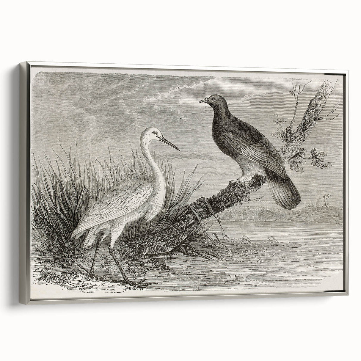 Framed wall art featuring a silver crane design on canvas, showcasing intricate details and vibrant colors, ideal for modern home decor and accent walls.