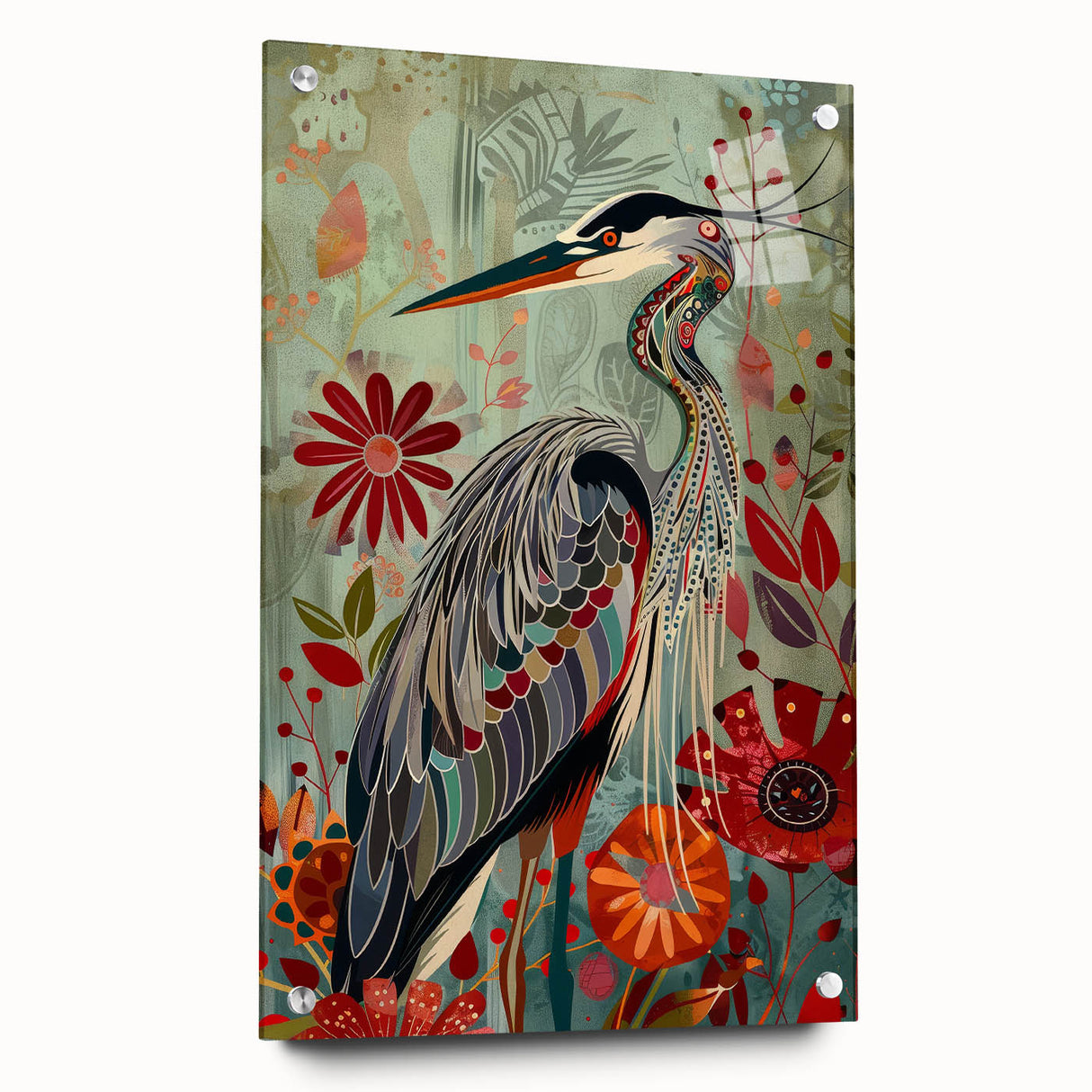 Elegant wall art featuring a crane design, crafted on acrylic glass, displayed in a side view with decorative pins. Ideal for modern home decor.