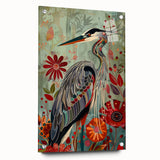 Elegant wall art featuring a crane design, crafted on acrylic glass, displayed in a side view with decorative pins. Ideal for modern home decor.