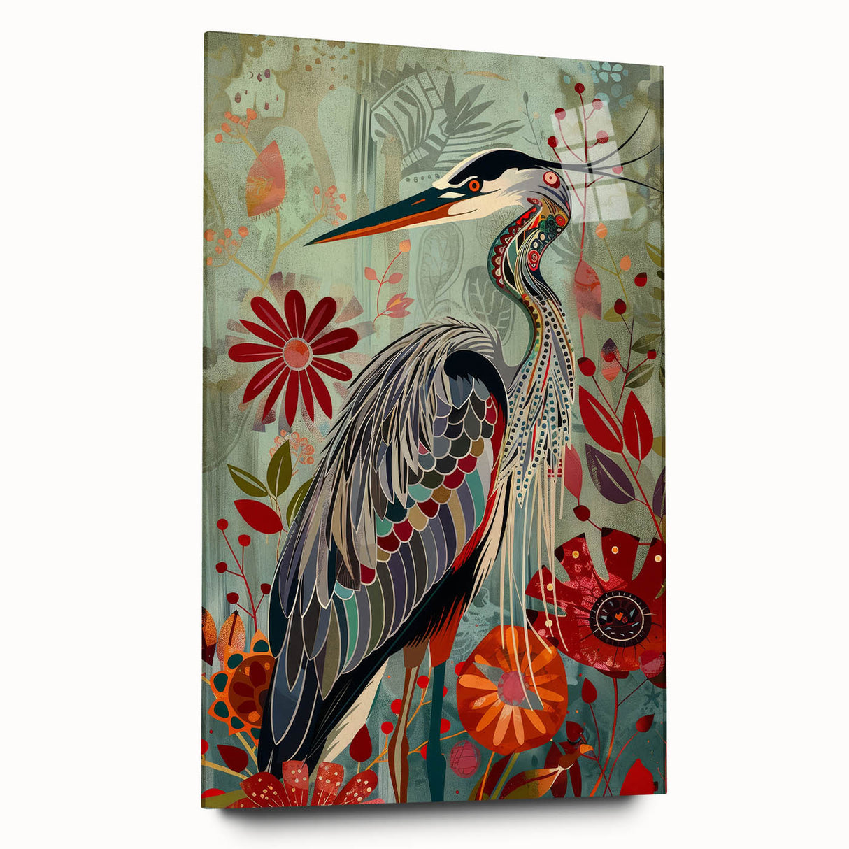 Elegant side view of a crane design wall art piece displayed in acrylic glass, showcasing intricate details and vibrant colors, perfect for modern decor.