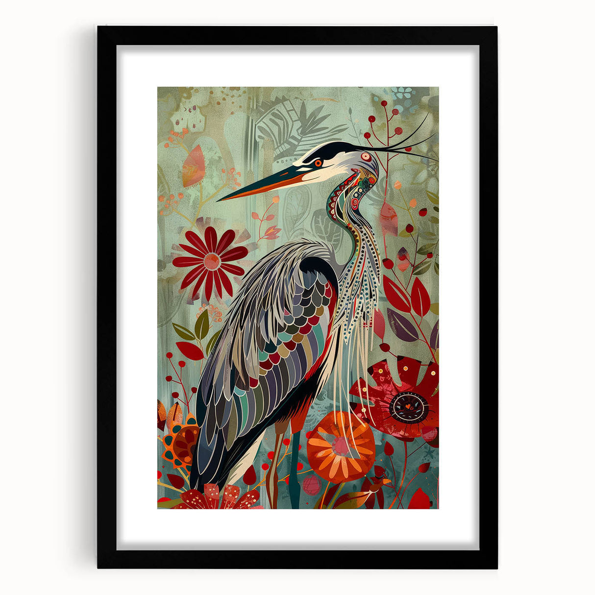 Framed wall art featuring an elegant crane design in black and white, set within a sleek black frame with a mat, perfect for modern home decor.