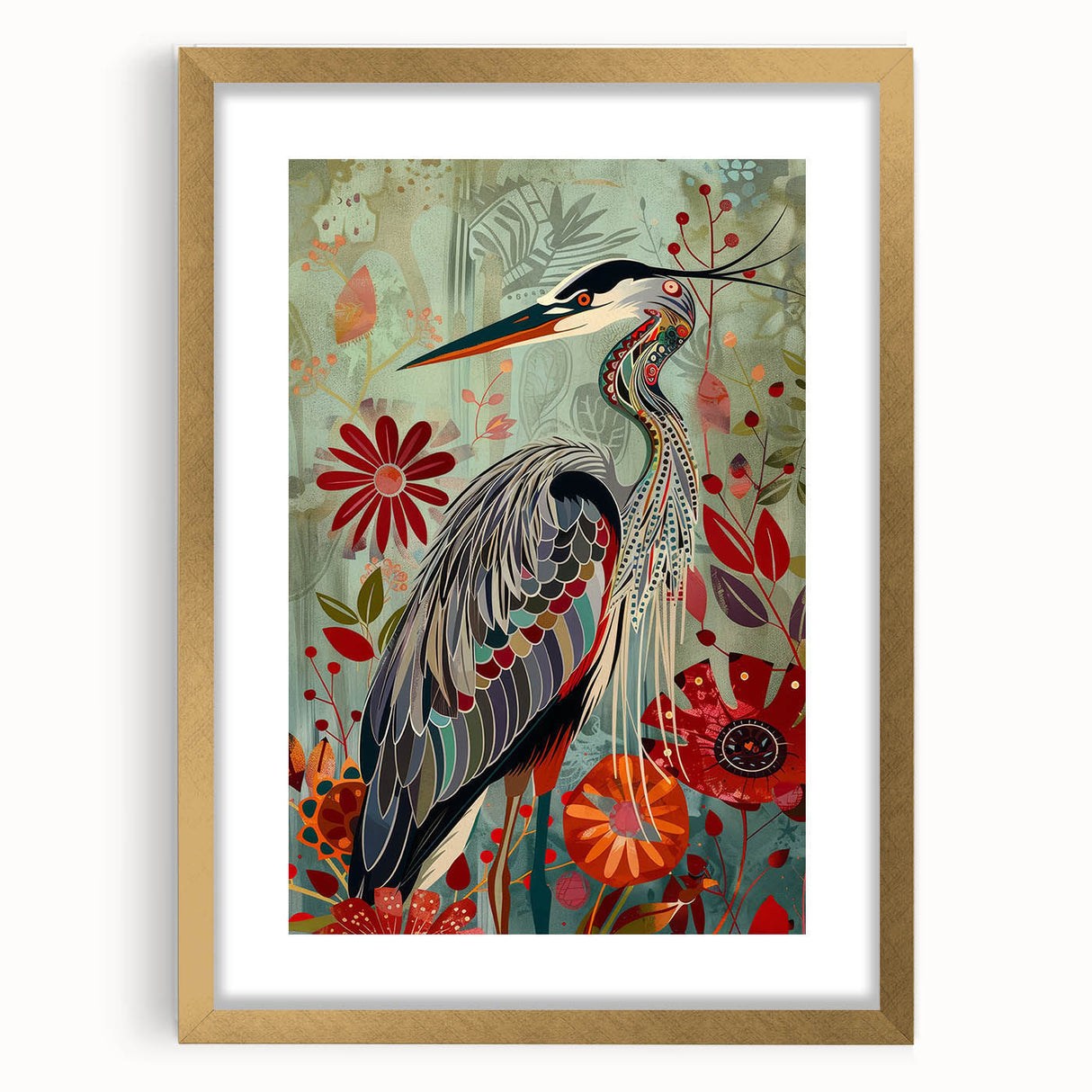 Framed wall art featuring a delicate crane design in gold, set against a soft, neutral background, ideal for enhancing modern home decor. The art piece includes a mat for added sophistication and elegance, making it a perfect addition to any living space or gallery wall.