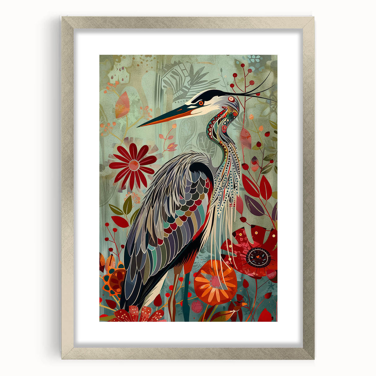 Framed silver wall art featuring a detailed crane design with matting, showcasing elegant colors and intricate patterns, perfect for modern home decor.
