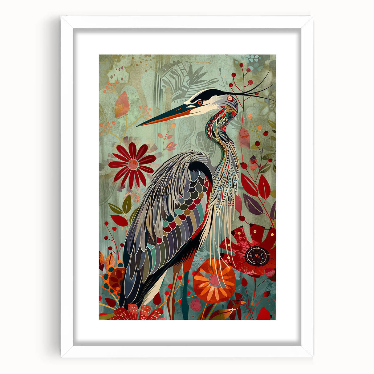 Framed wall art featuring an elegant crane design in soft pastel colors, set against a white background with a mat border, perfect for enhancing modern home decor.