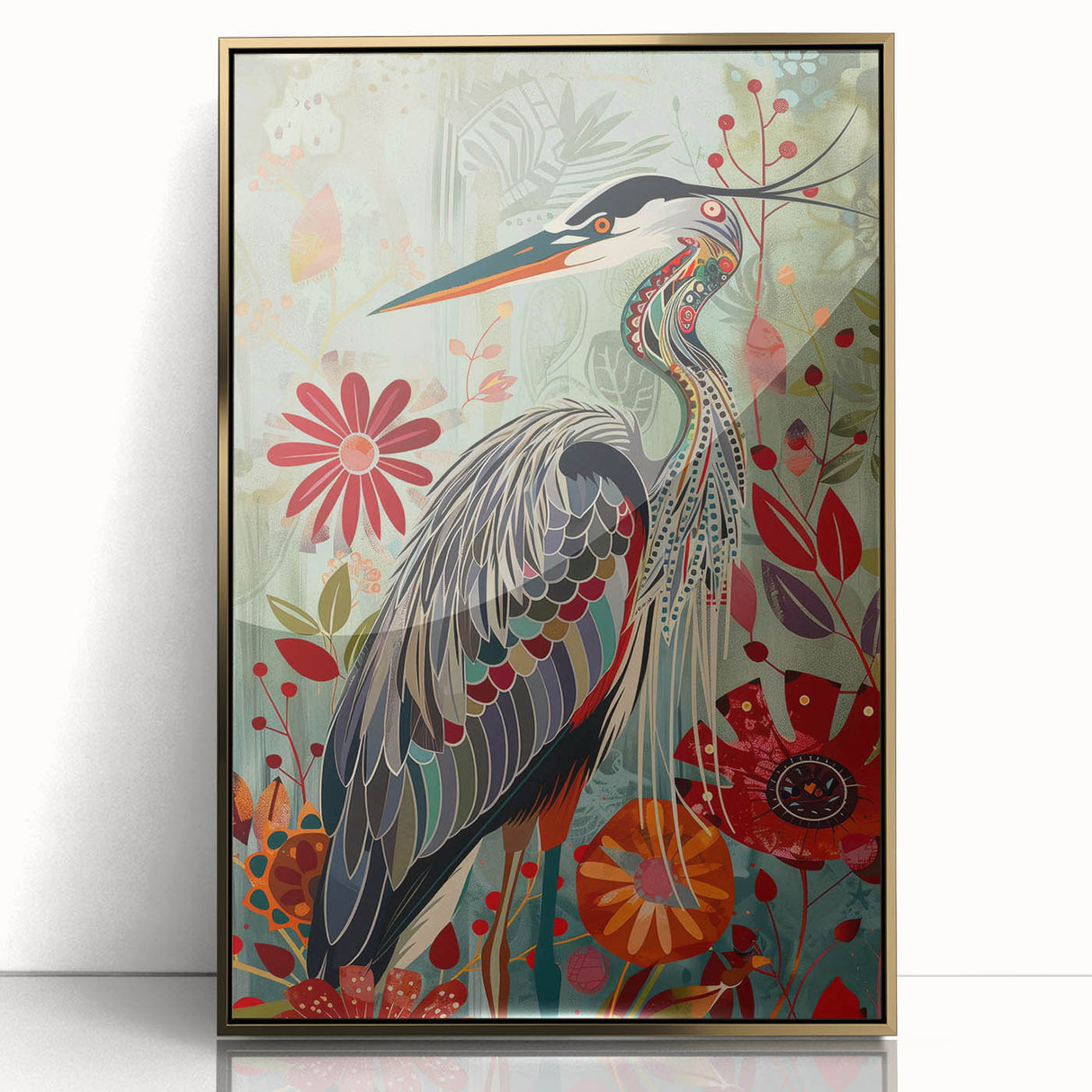 Framed acrylic wall art featuring a golden crane design, elegantly displayed against a neutral background, ideal for modern home decor and artistic ambiance.