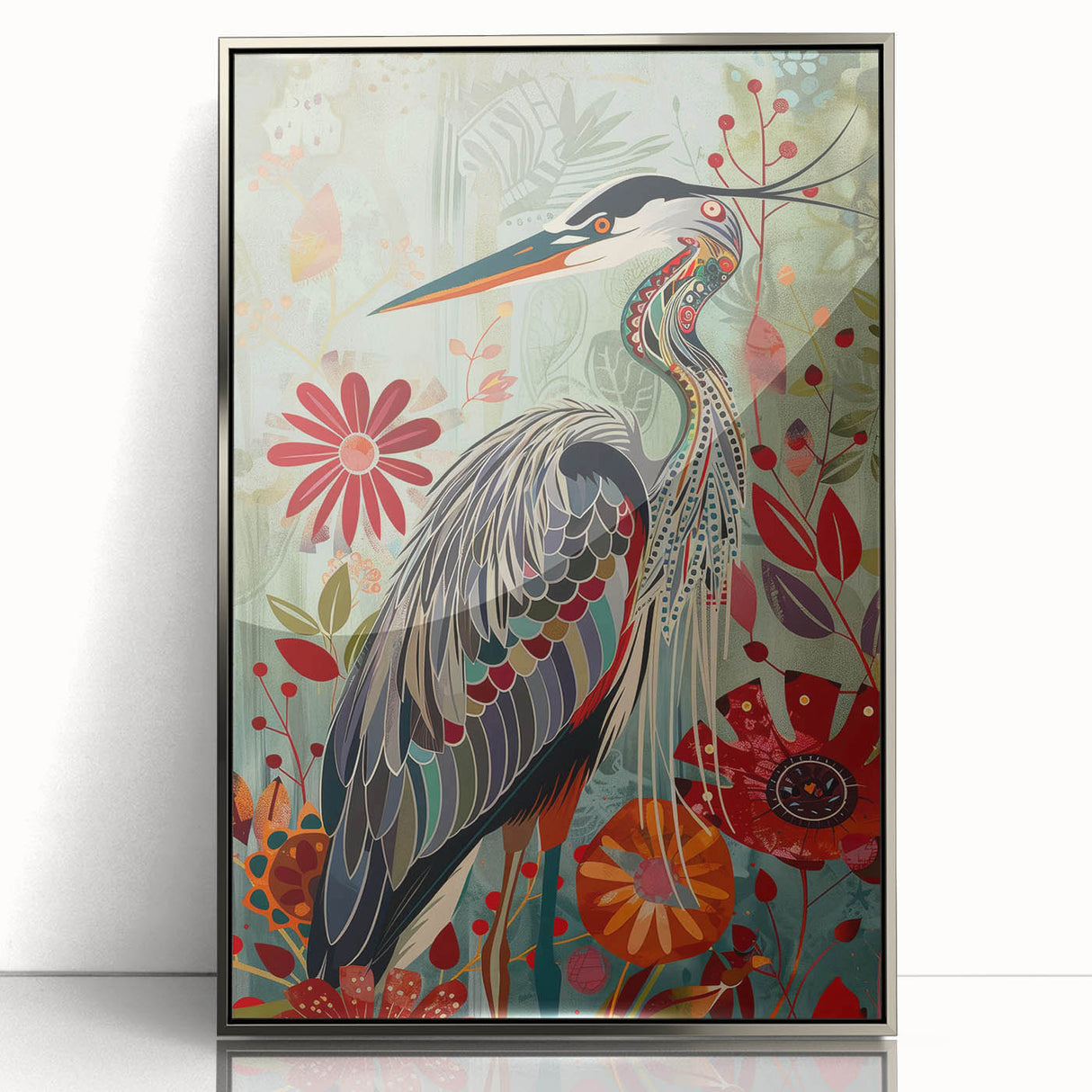 Framed acrylic wall art featuring an elegant crane design in silver tones, showcasing intricate details and a modern aesthetic, perfect for enhancing home decor.