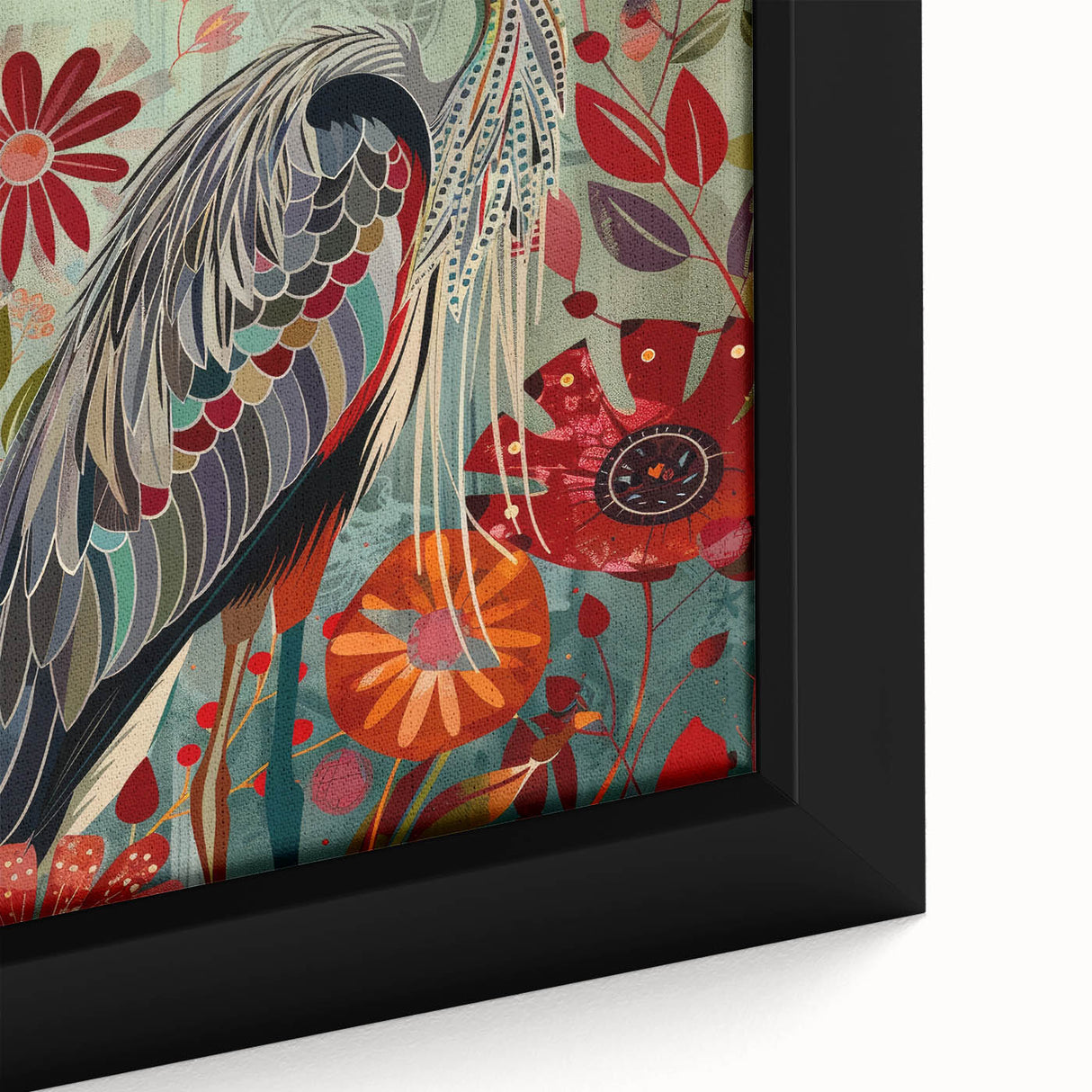 Framed canvas wall art featuring an elegant crane design in soft blue and gold hues, showcasing intricate details and textures, perfect for modern decor.