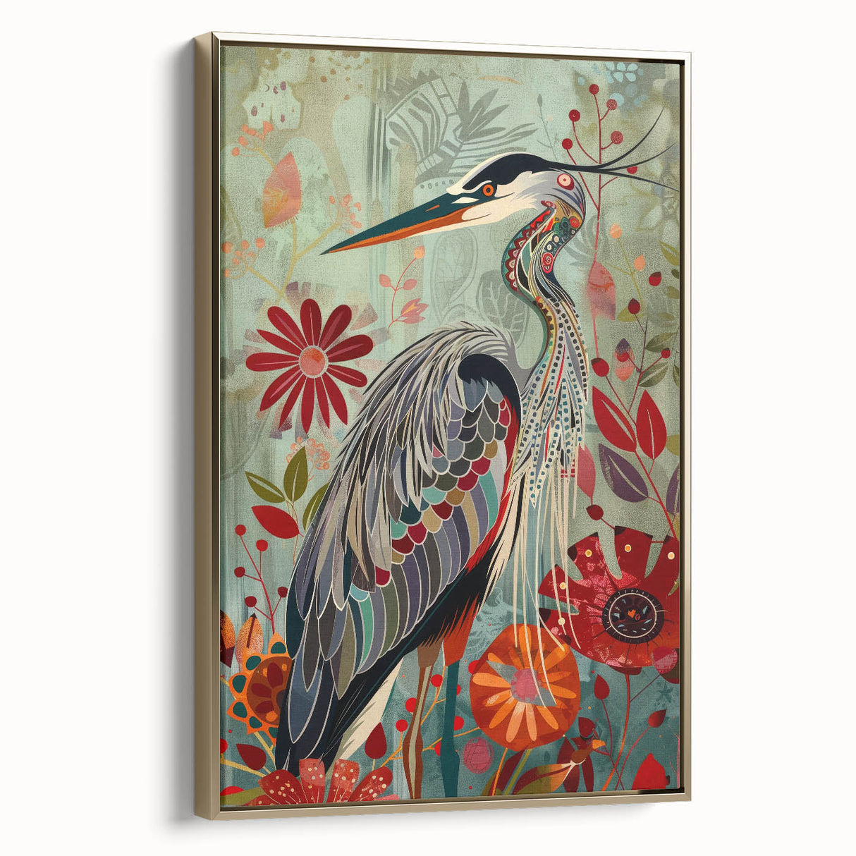 Framed wall art featuring a crane design on canvas with gold accents, showcasing elegant details and a sleek side view, perfect for home decor.