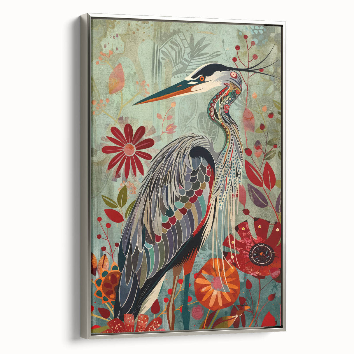 Framed wall art featuring a silver crane design on canvas, showcasing elegant details and a contemporary aesthetic, perfect for modern home decor.