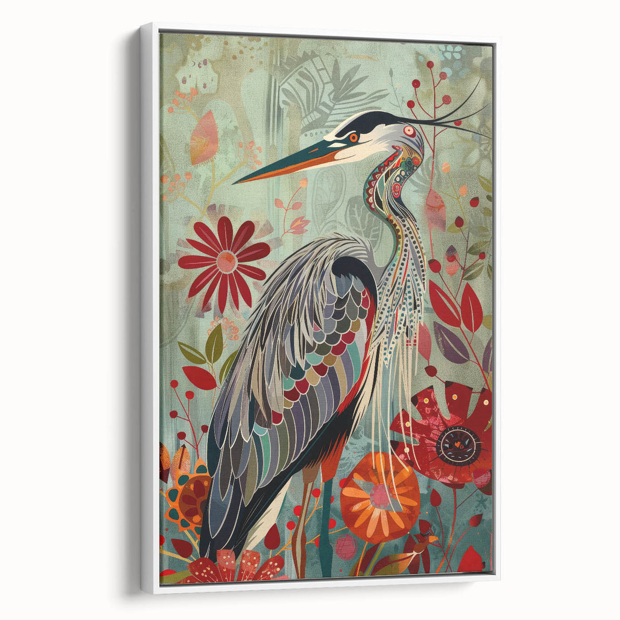Framed wall art featuring a striking crane design in a minimalist white frame, showcasing intricate details and elegant colors, perfect for modern home decor.