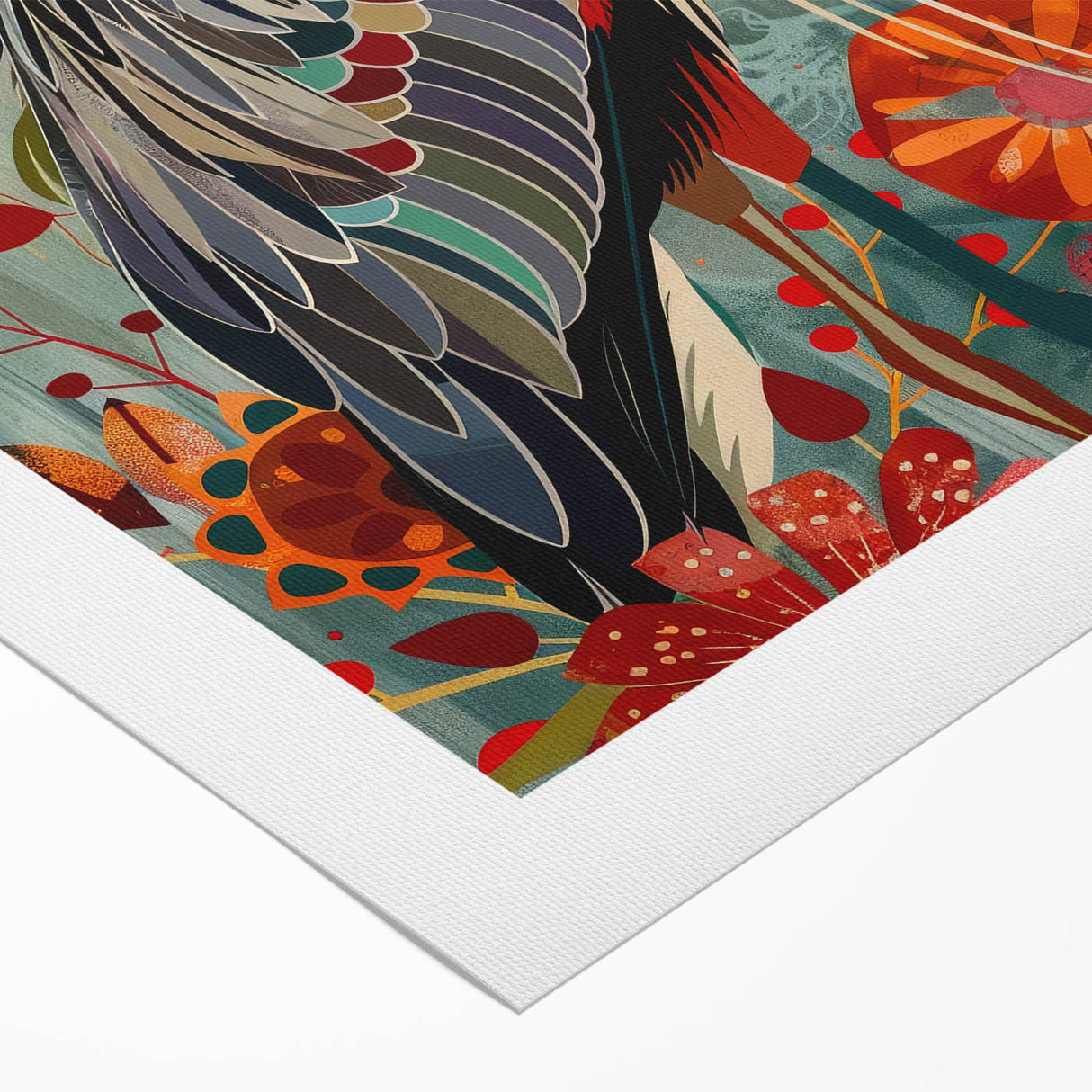 Elegant rolled canvas print showcasing a whimsical crane design in vibrant colors, perfect for enhancing modern home decor. This unique wall art adds a touch of nature-inspired beauty to any space.