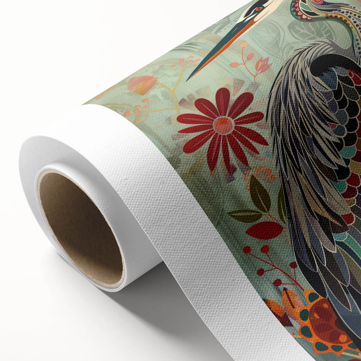 Elegant rolled canvas showcasing a vibrant crane design in a watercolor style, ideal for modern home decor. Perfect for enhancing living spaces with artistic flair.
