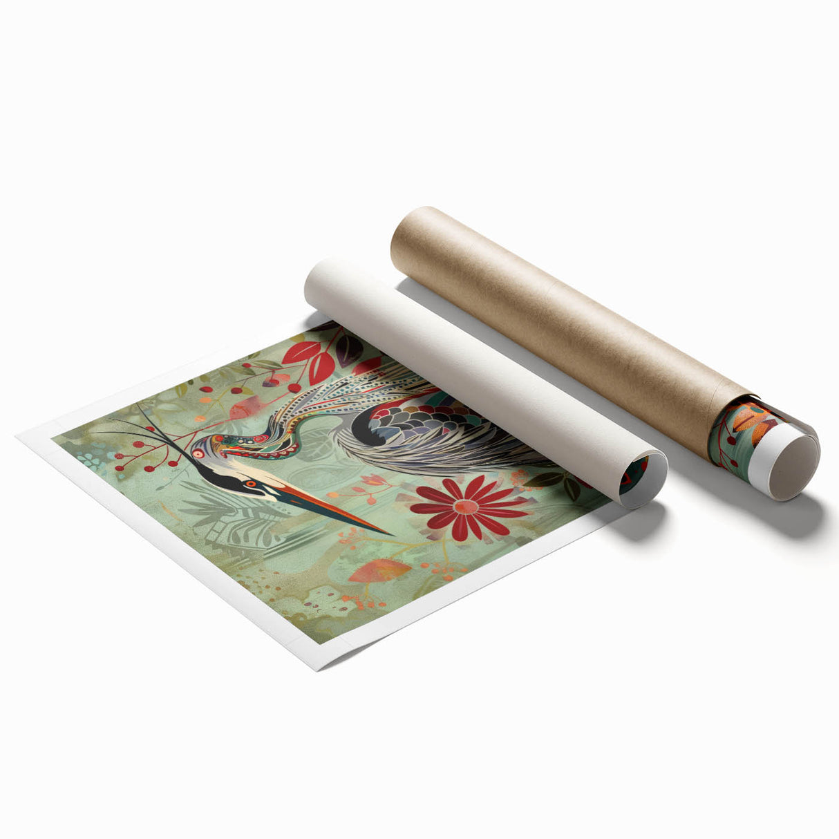 Elegant rolled print showcasing a detailed crane design, featuring vibrant colors and intricate patterns, perfect for enhancing modern home decor. The artwork is packaged securely in a protective cardboard tube, ideal for easy transport and storage.