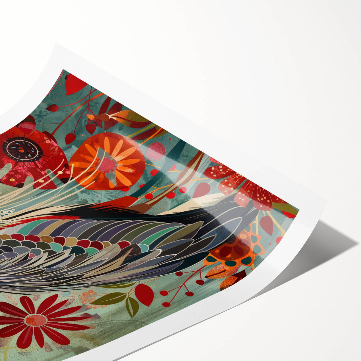 Elegant rolled wall art print showcasing a crane design with intricate details, presented in vibrant colors, perfect for enhancing modern home decor.