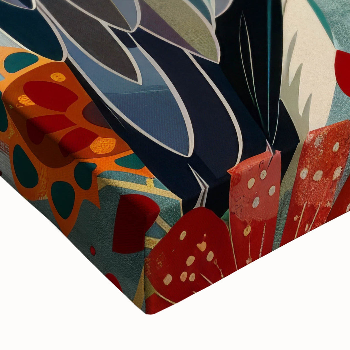 Close-up of a stretched canvas featuring an elegant crane design, showcasing intricate details and vibrant colors, perfect for modern home decor or art collection.