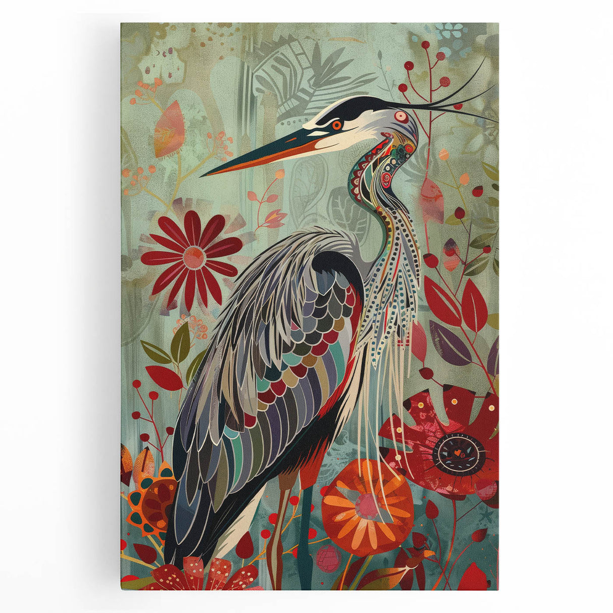 Elegant wall art featuring a crane design on stretched canvas, showcasing intricate details and a vibrant color palette, ideal for enhancing modern home decor.
