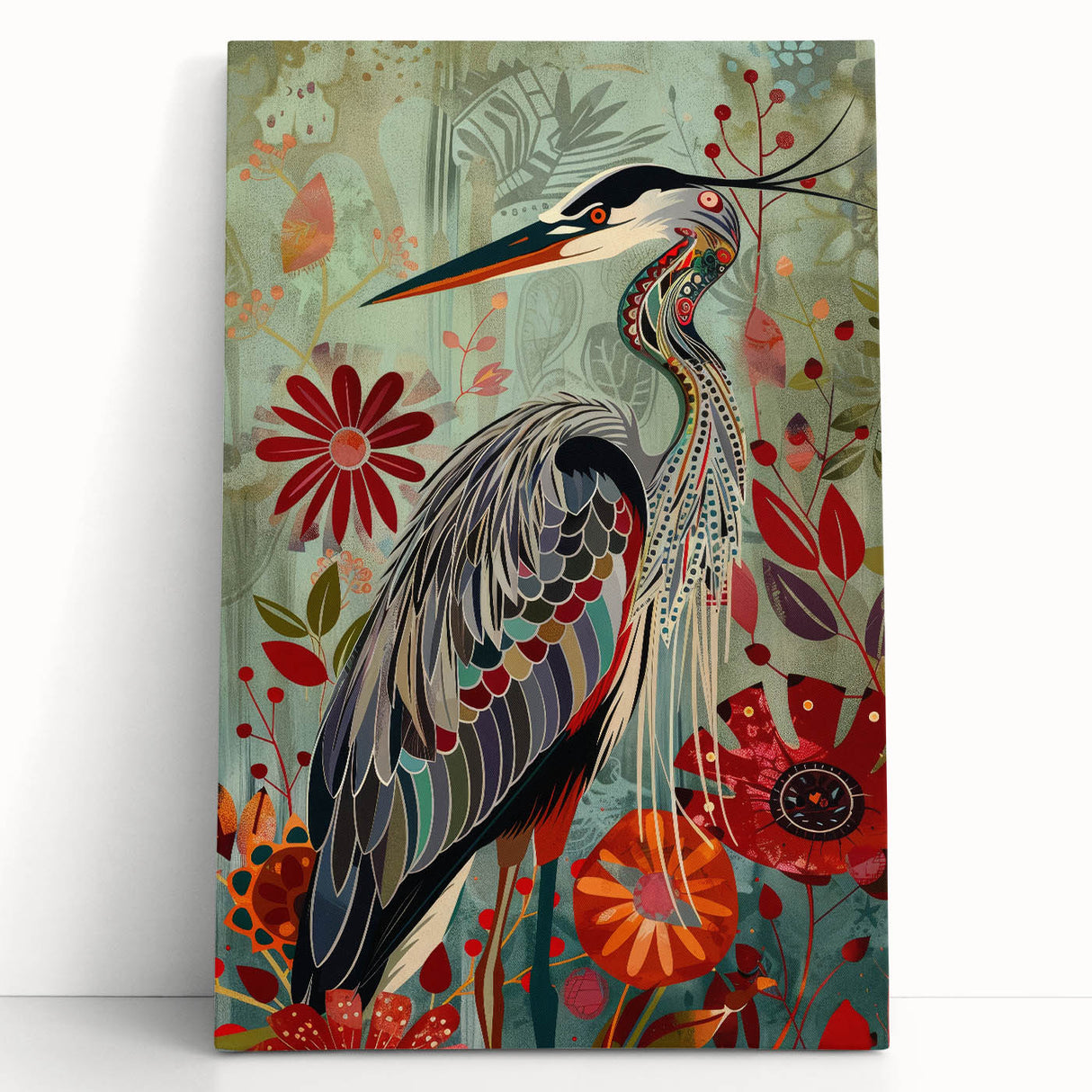 Elegant crane wall art on stretched canvas, showcasing intricate details and vibrant colors, perfect for home decor. Ideal for nature enthusiasts and art lovers.