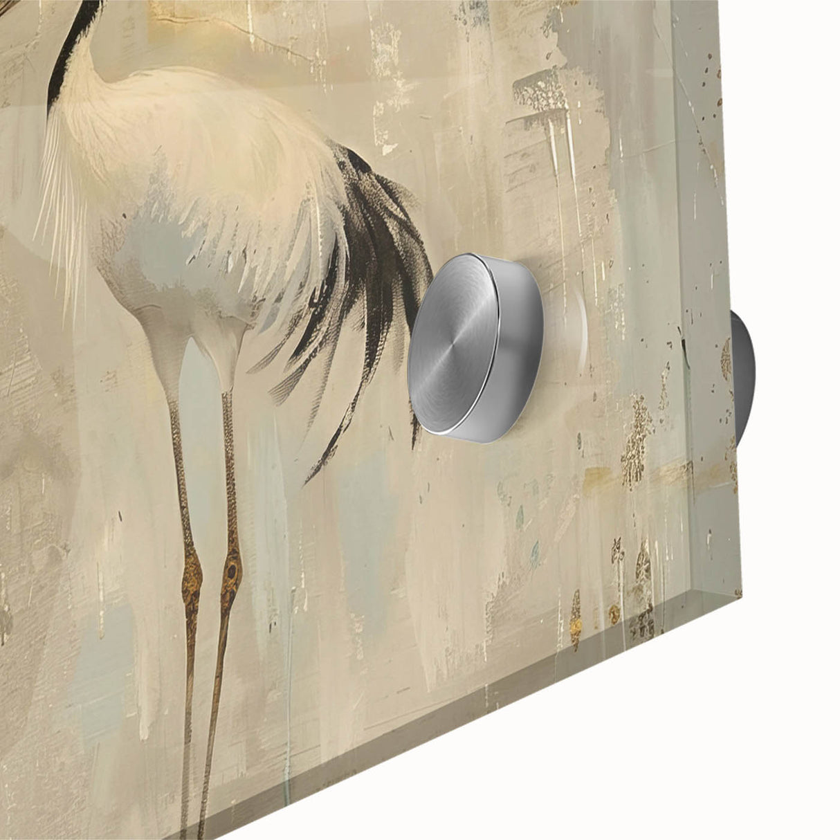 Close-up of a stunning acrylic glass wall art piece featuring a graceful crane design, showcasing vibrant colors and intricate details, perfect for modern home decor.