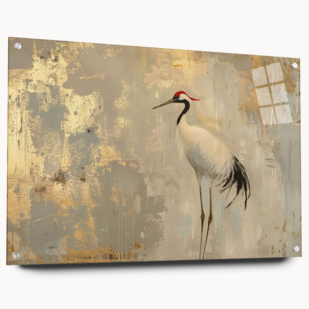 Elegant wall art featuring a crane design displayed in a side view with visible pins, crafted from acrylic glass, ideal for modern decor. Perfect for adding a touch of sophistication to any space.