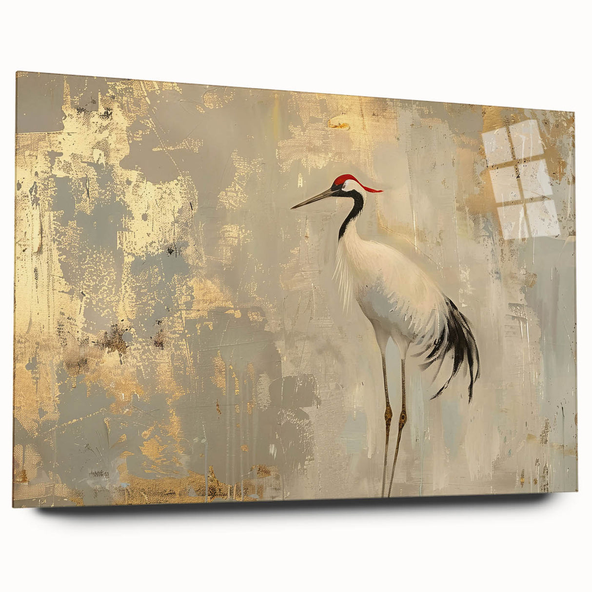 Elegant side view of a crane design wall art collection displayed in acrylic glass, showcasing intricate details and vibrant colors, ideal for modern decor.