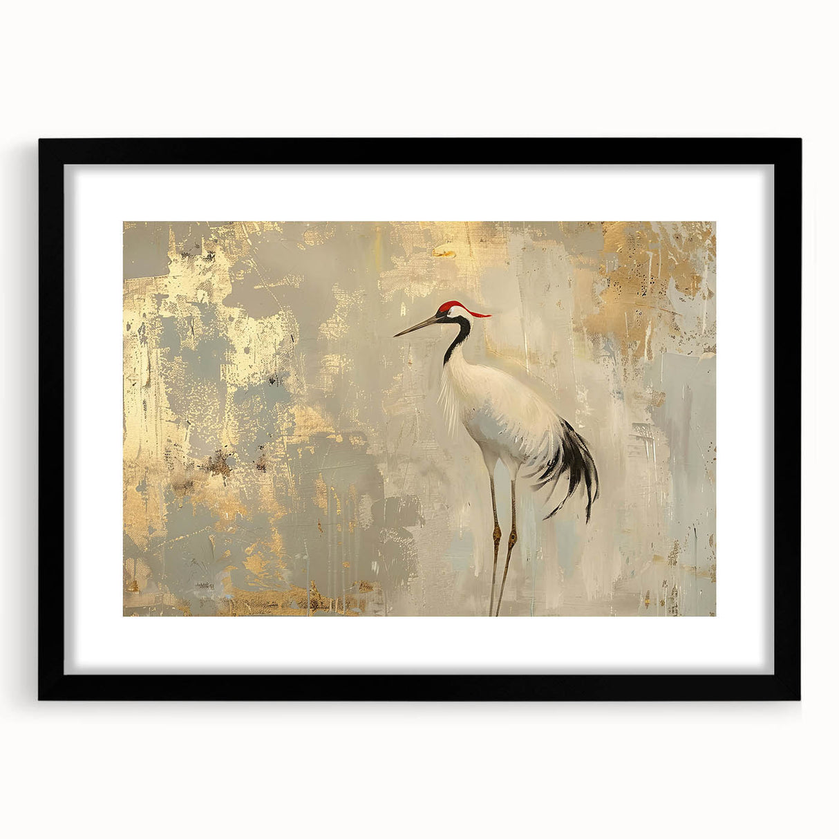 Framed wall art featuring an elegant crane design in black and white, set against a matte background, perfect for contemporary home decor. Ideal for bird lovers and art enthusiasts.