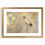 Framed wall art featuring an elegant crane design in gold, showcasing intricate details on a white background, perfect for stylish home decor.