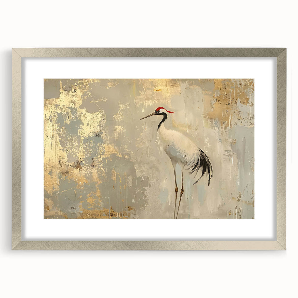 Framed wall art featuring an elegant crane design in silver, set against a mat background, showcasing intricate details and contemporary style, perfect for home decor.