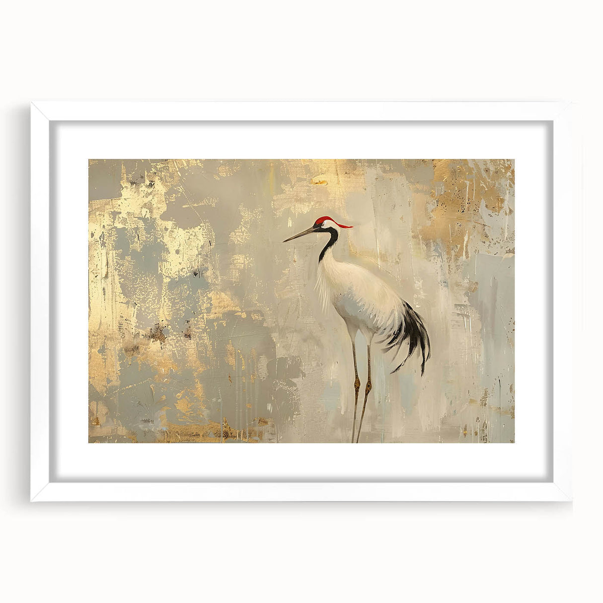 Framed wall art featuring an elegant crane design in a minimalist style, showcasing white matting and a sleek frame, perfect for modern home decor.