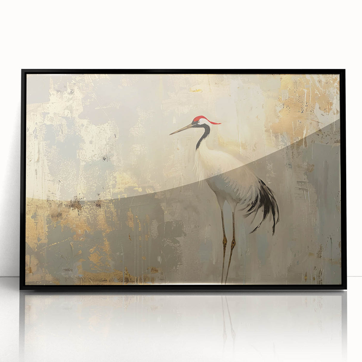 Framed acrylic wall art featuring an elegant crane design in black, ideal for modern decor. The artwork is showcased in a sleek frame, enhancing any interior space.