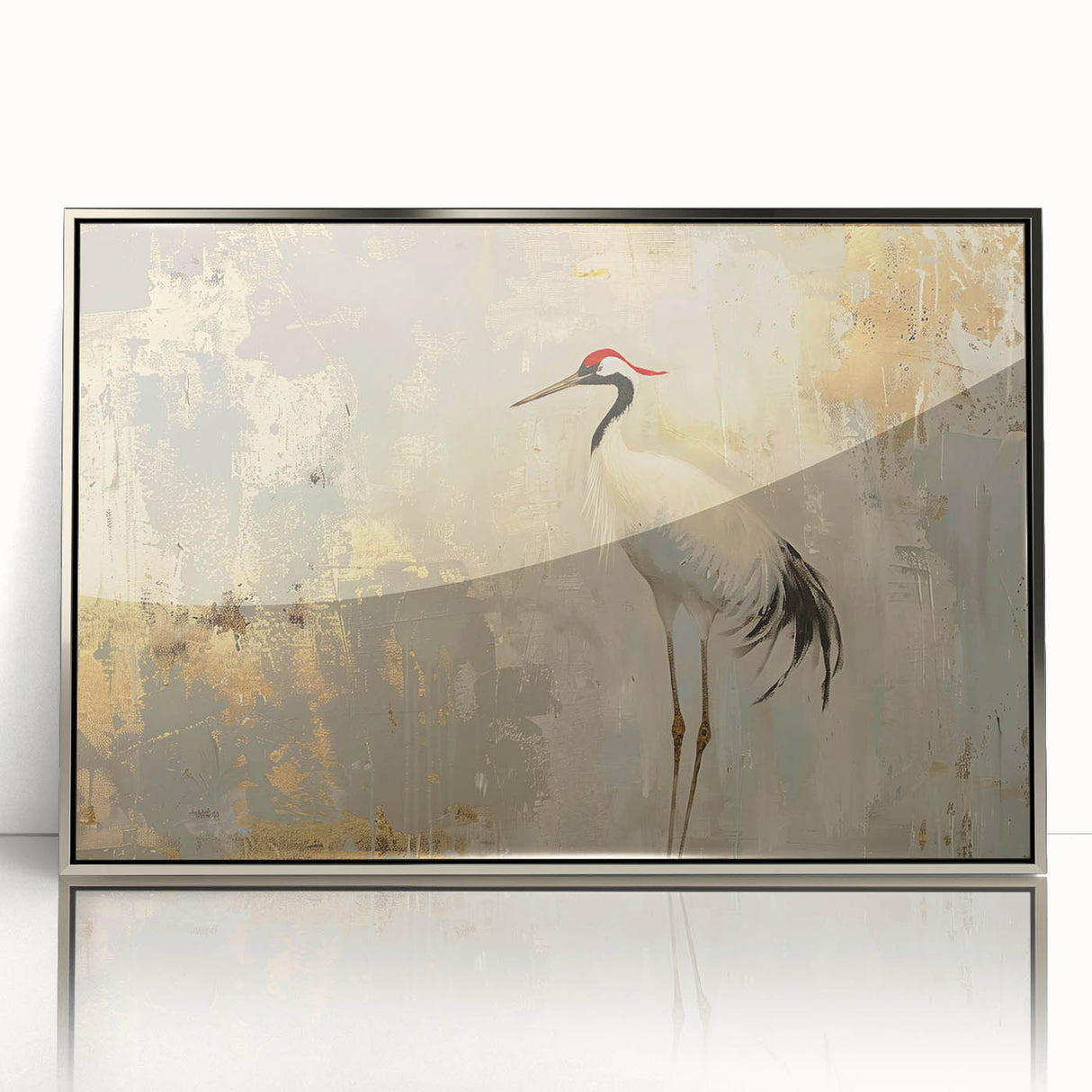 Framed wall art featuring a silver-accented crane design in acrylic, showcasing intricate details and modern elegance, perfect for contemporary home decor.