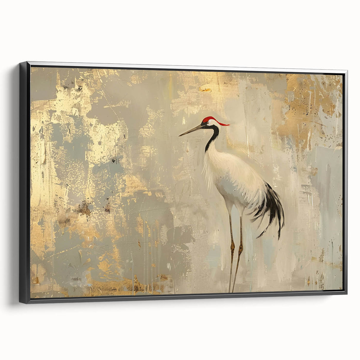 Framed wall art featuring a striking crane design in black and white, elegantly displayed from a side view. Ideal for modern home decor, this canvas adds sophistication to any space.