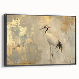 Framed wall art featuring a striking crane design in black and white, elegantly displayed from a side view. Ideal for modern home decor, this canvas adds sophistication to any space.