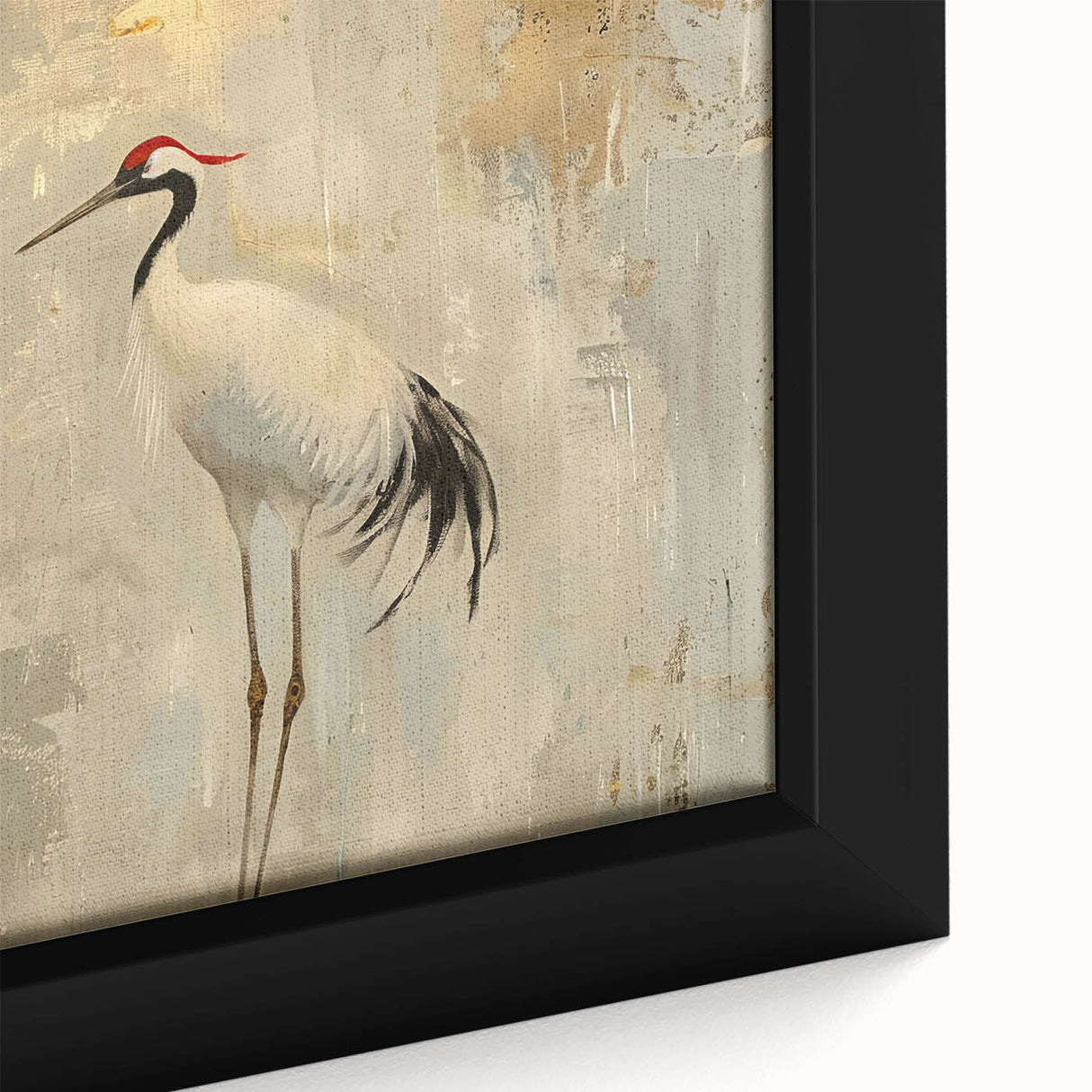 Close-up of a framed canvas wall art featuring an elegant crane design, showcasing intricate details and vibrant colors, ideal for enhancing modern home decor.