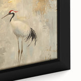 Close-up of a framed canvas wall art featuring an elegant crane design, showcasing intricate details and vibrant colors, ideal for enhancing modern home decor.