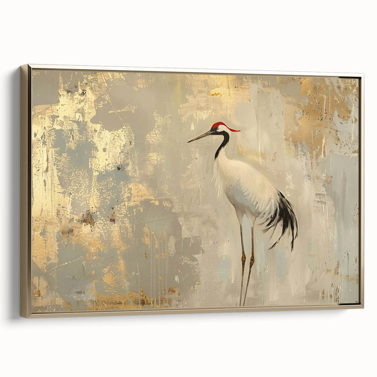 Framed wall art featuring an elegant crane design in gold tones, showcasing intricate details and textures, perfect for enhancing modern decor.