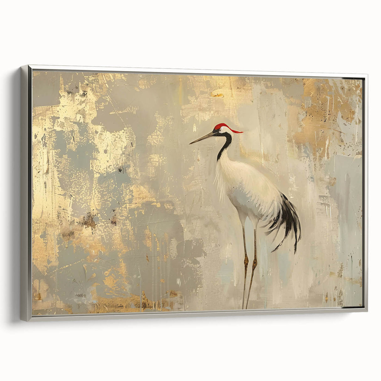 Framed wall art featuring a sleek silver crane design on canvas, showcasing elegant bird motifs with a modern aesthetic, perfect for contemporary decor.