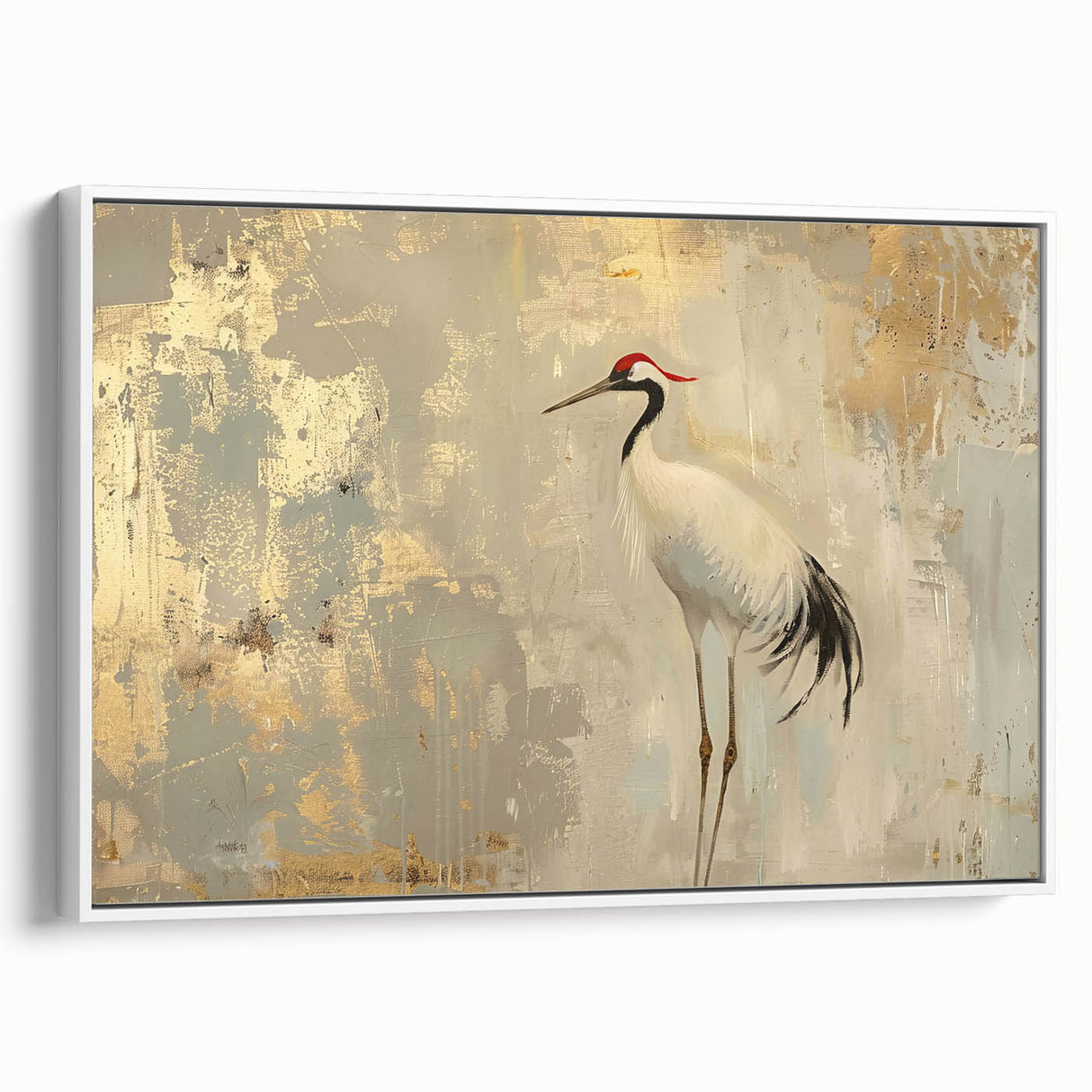 Framed wall art collection showcasing an elegant crane design on canvas, highlighted with a white frame, perfect for modern home decor and interior design enthusiasts.