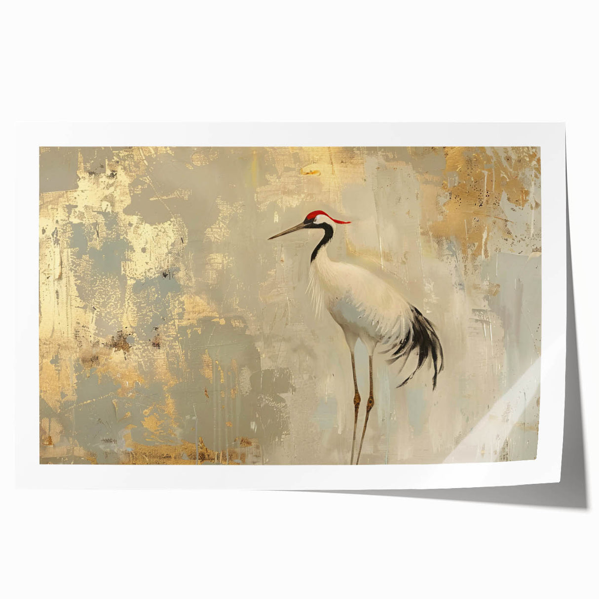 Elegant rolled wall art print featuring a crane design, showcasing intricate details in shades of blue and gold, perfect for enhancing modern home decor.