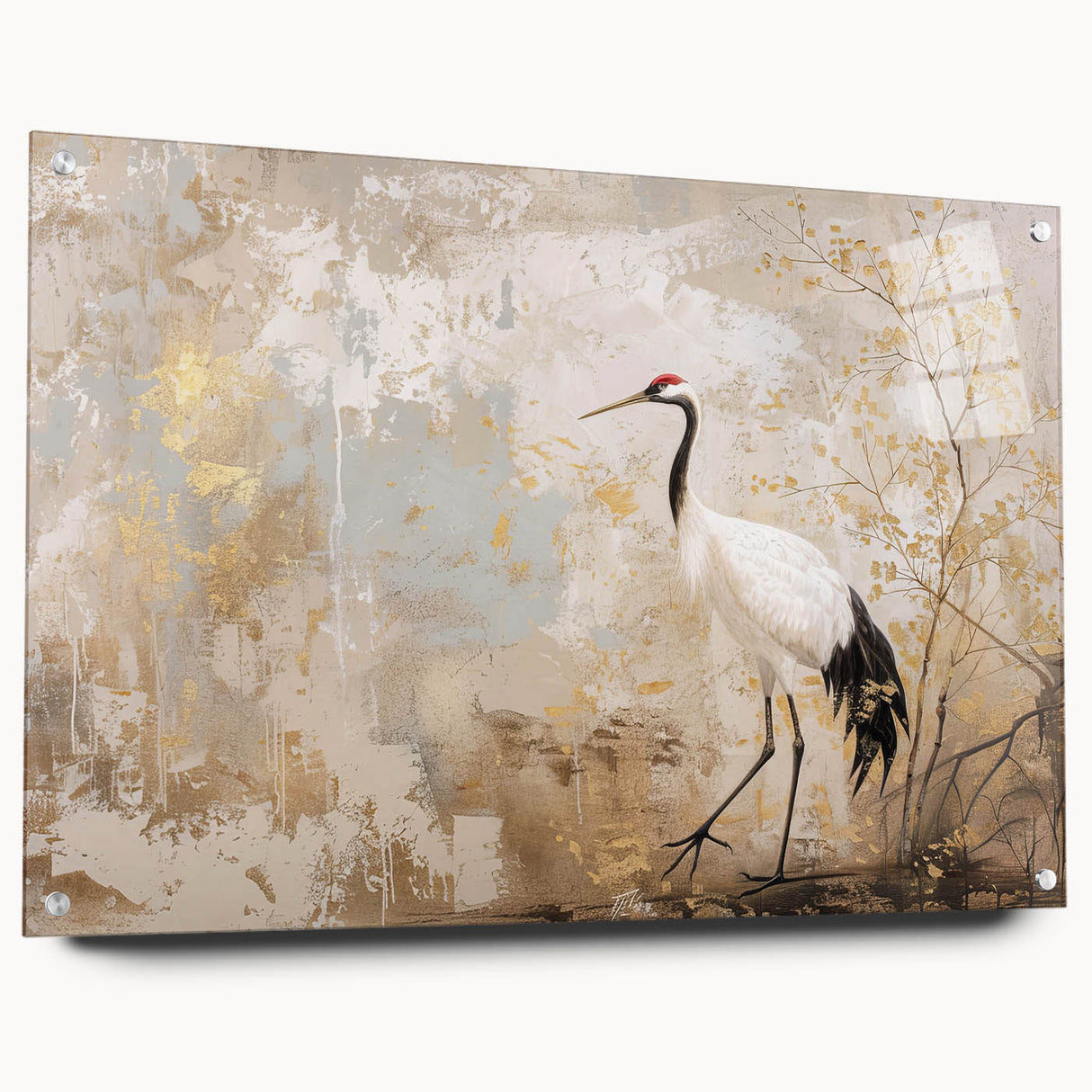 Elegant wall art featuring a crane design, showcased in a sleek acrylic glass frame, highlighting intricate details and vibrant colors, perfect for modern decor.
