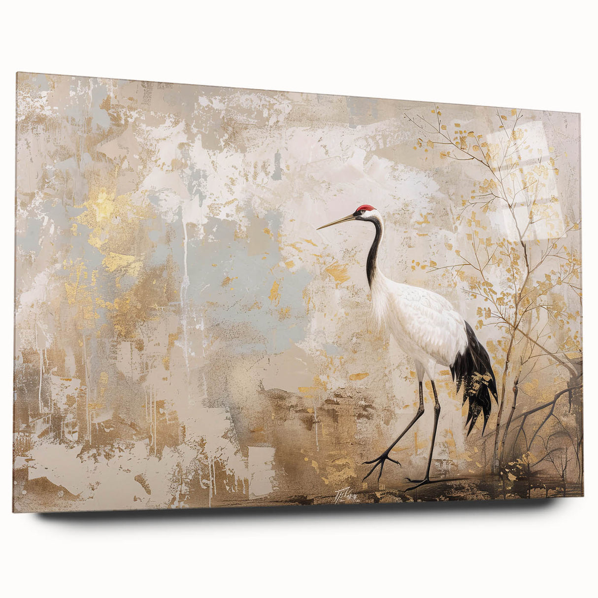 Elegant wall art showcasing a side view of a crane design, crafted from acrylic glass, ideal for modern home decor. The vibrant colors and intricate details enhance any interior space. Perfect for art enthusiasts seeking a unique centerpiece.