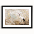 Black-framed wall art featuring a serene crane design, showcasing intricate details with a white mat, perfect for enhancing modern home decor aesthetics.