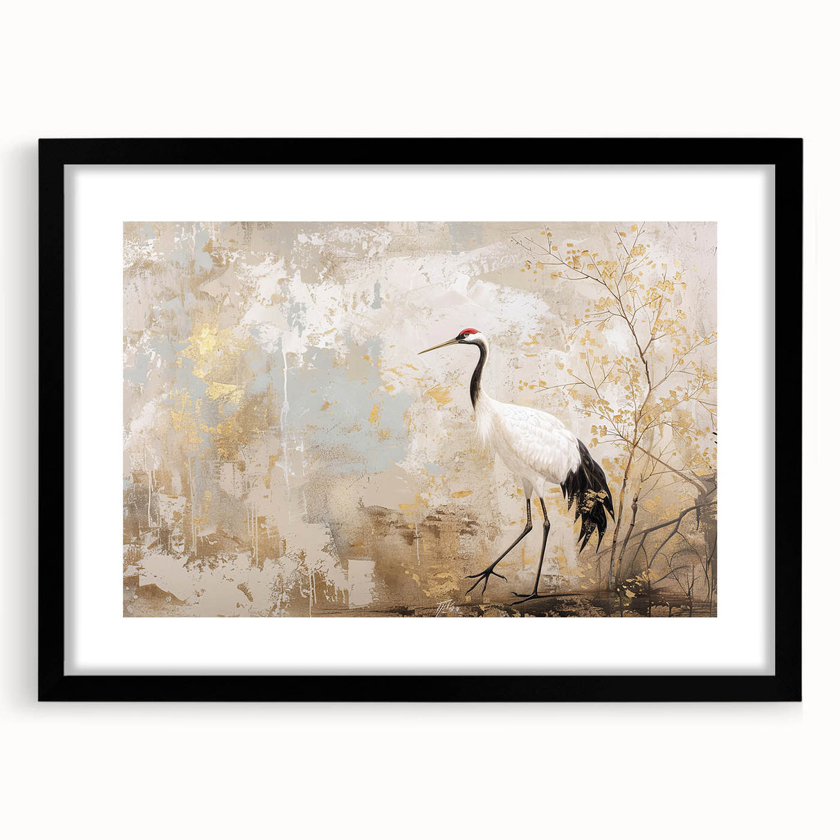 Black-framed wall art featuring a serene crane design, showcasing intricate details with a white mat, perfect for enhancing modern home decor aesthetics.