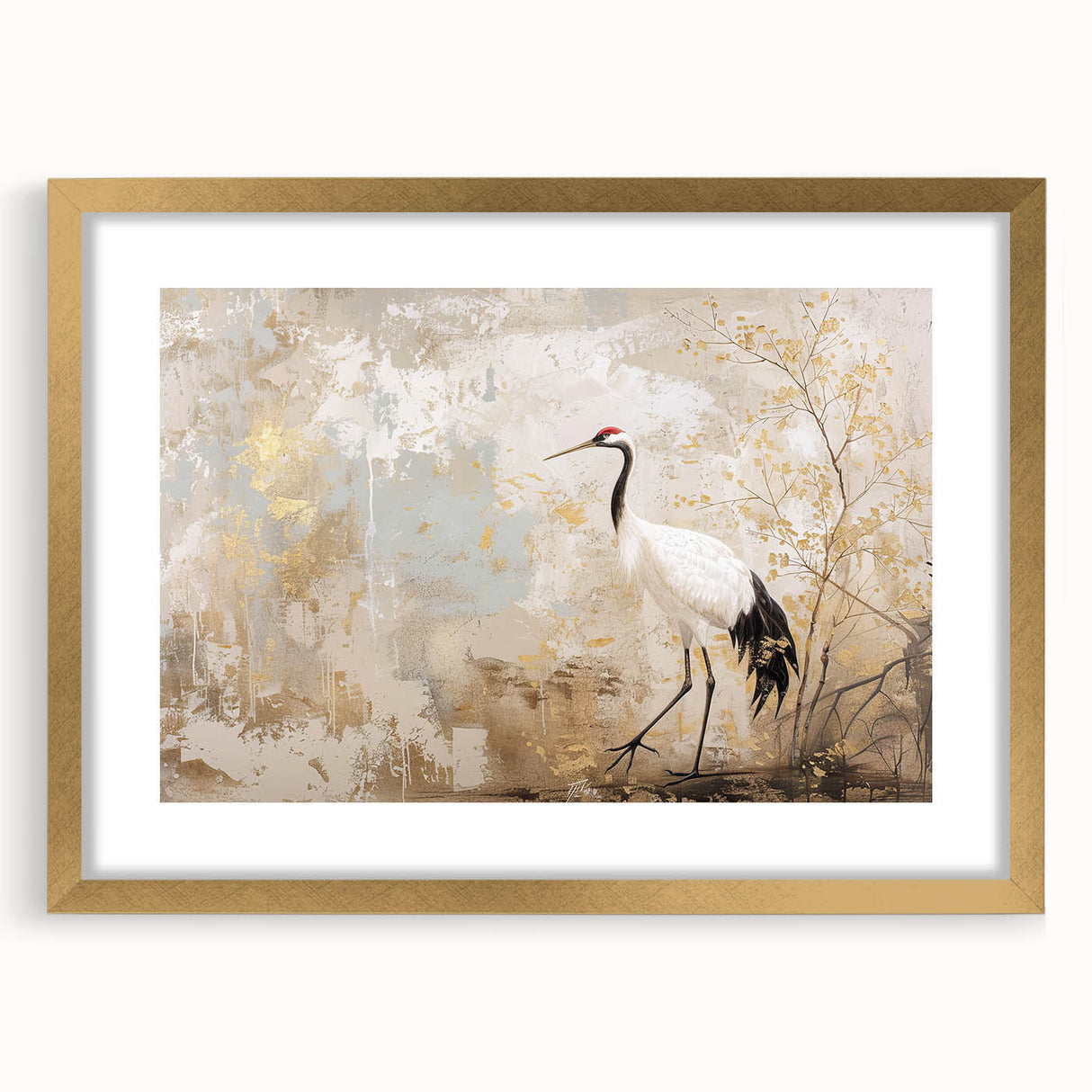 Elegant gold-framed wall art featuring a crane design, showcasing intricate details and soft colors against a neutral background, perfect for modern decor.