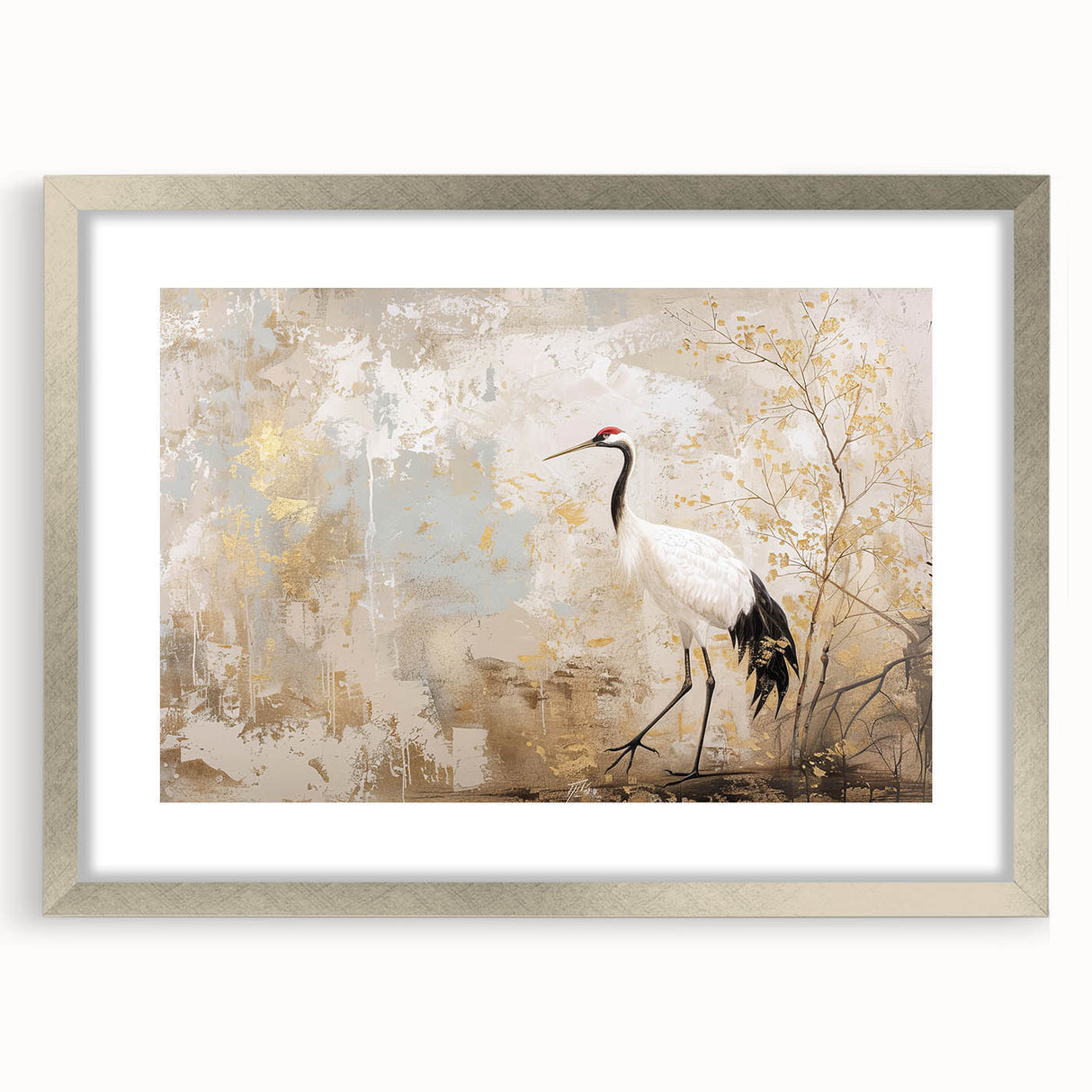 Framed wall art featuring an elegant crane design in silver tones, showcasing a contemporary aesthetic with a mat. Perfect for modern home decor.