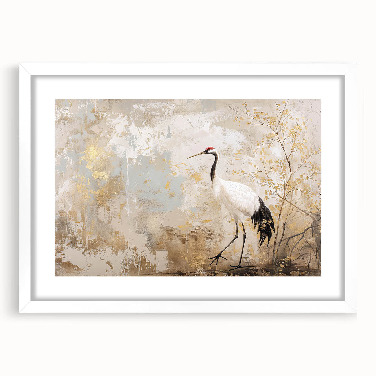 Elegant wall art featuring a crane design in a white frame with a mat, showcasing intricate details and soft colors, perfect for modern decor.