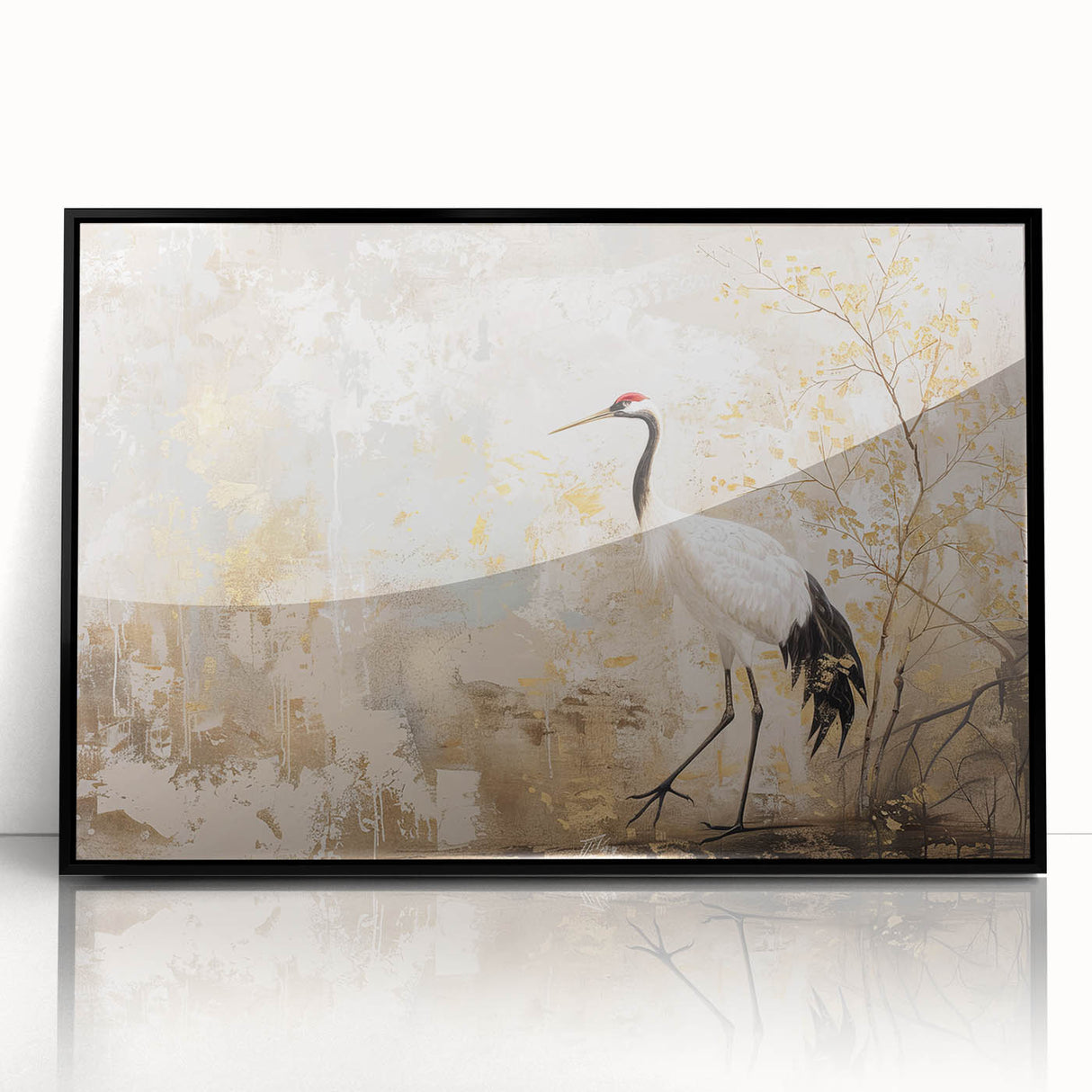 Framed wall art featuring an elegant crane design in black acrylic, showcasing intricate details and a modern aesthetic, perfect for home decor enhancement.