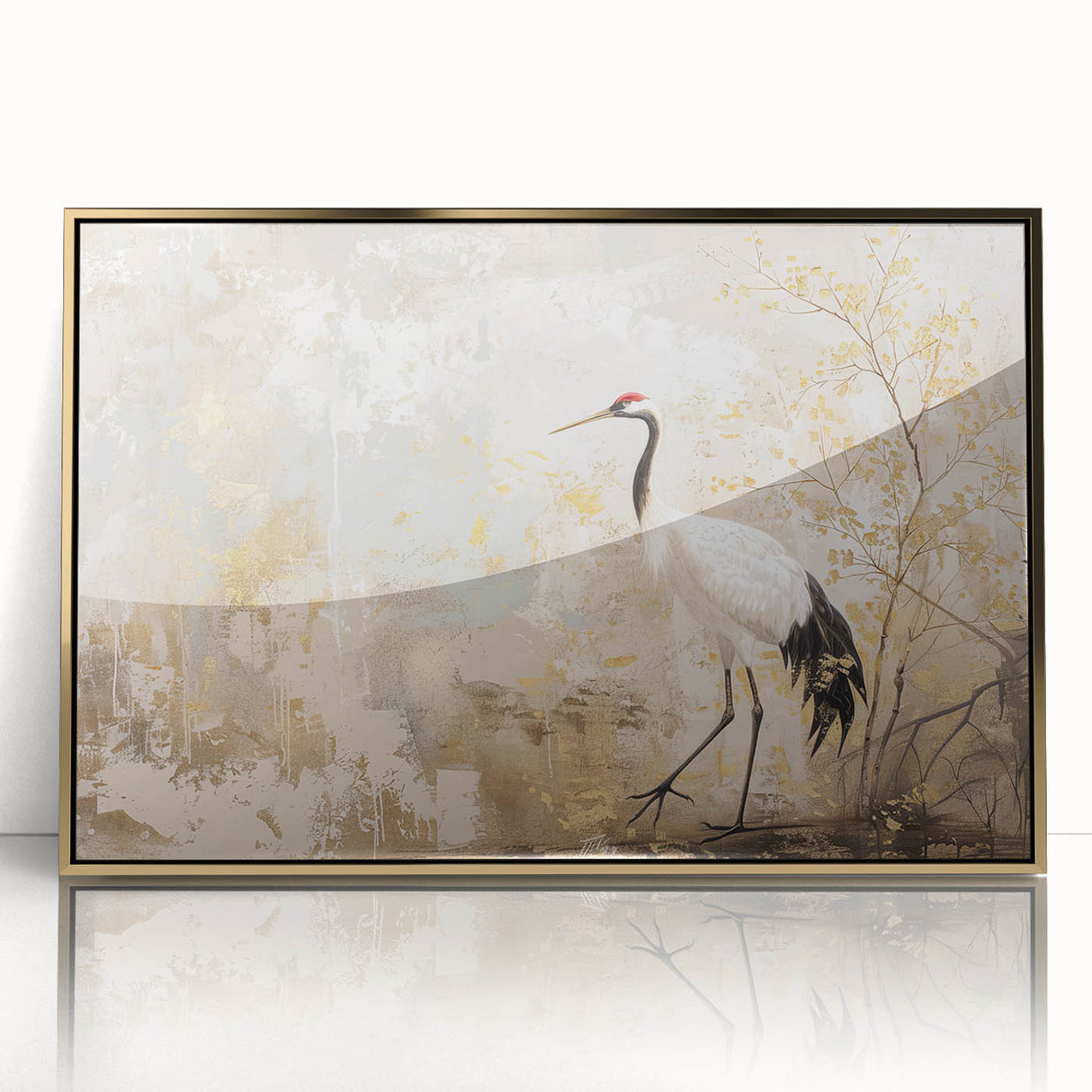 Framed wall art featuring a stunning crane design in gold tones, showcased in an elegant acrylic frame, perfect for enhancing modern home décor.