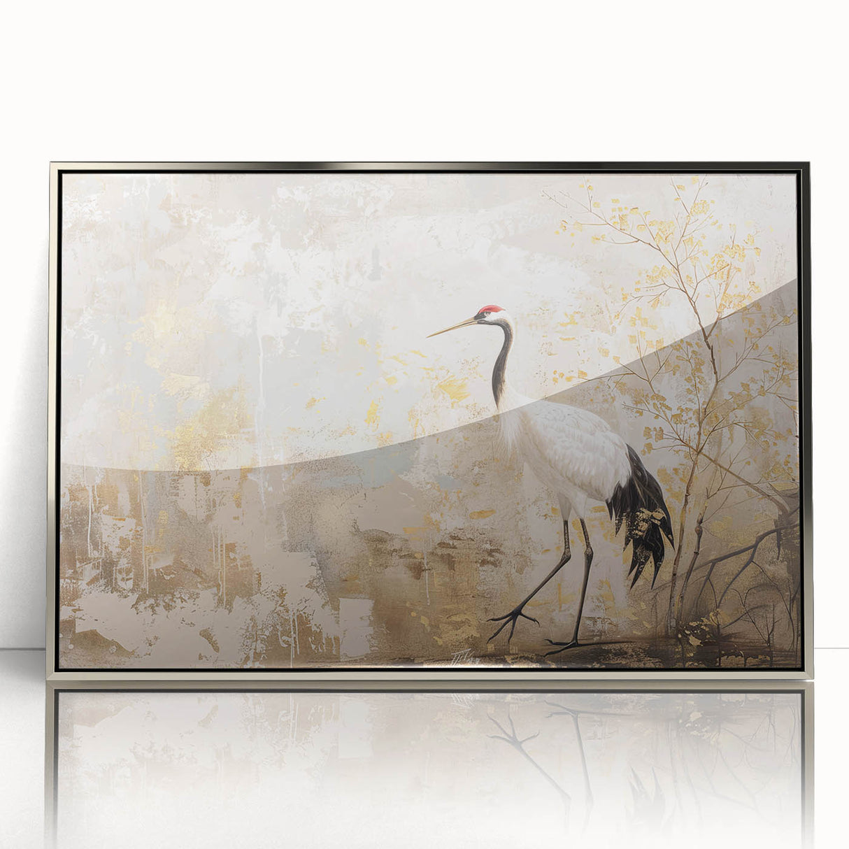 Framed wall art featuring an elegant silver crane design, showcasing intricate details and a modern aesthetic, perfect for home decor or art enthusiasts.