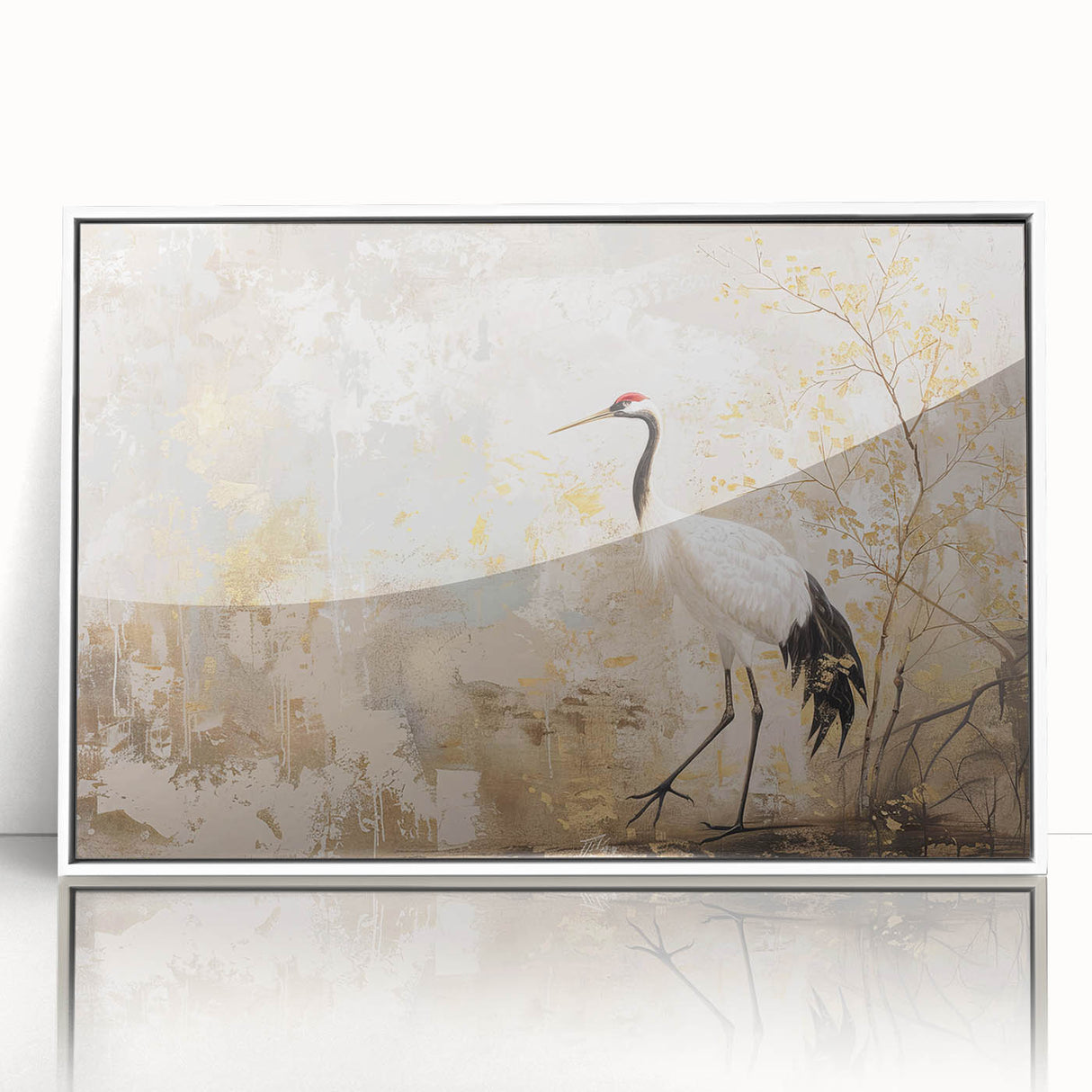 Framed wall art featuring an elegant crane design in white acrylic, showcasing delicate details and a modern aesthetic, perfect for enhancing any contemporary space.