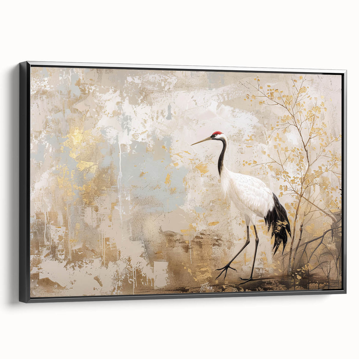 Framed wall art featuring an elegant crane design on canvas, presented in a sleek black frame, showcasing vibrant colors and intricate details, ideal for home decor.